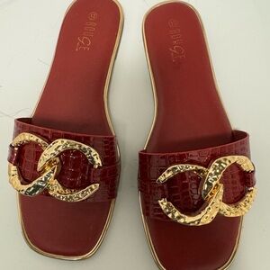 Rouge Helium Red Sandals with Gold Chain Detail